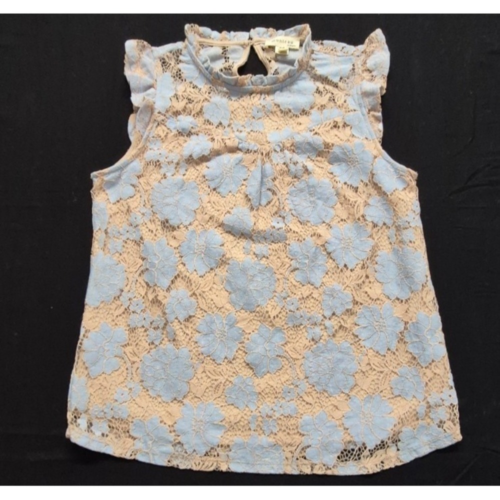 Monteau blue floral lace high neck sleeveless ruffle babydoll top LG keyhole‎